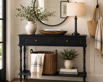 Vintage Black Entryway Table Modern Farmhouse Console Table Narrow Hallway Table Rustic Sofa Table Cottage Decor Furniture With Drawers