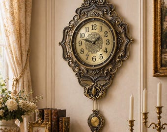 Vintage Ornate Wall Clock Swinging Pendulum Antique Gold Clock Elegant Traditional European French Style Wall Decor Silent Quartz Clock