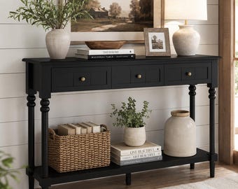 Modern Farmhouse Console Table 3 Drawers Black French Country Entryway Table Narrow Hallway Sofa Table Shelf for Living Room Foyer Decor