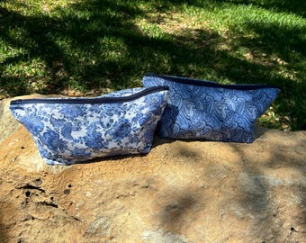MahJong Tile Bag – Zippered Cotton Pouch! Handmade Blue Florql