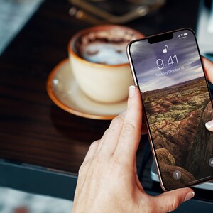 May include: A person is holding a gold iPhone with a landscape photo as the background. The time is 9:41 and the date is Tuesday, October 12.