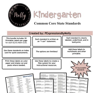 Puede incluir: Un conjunto de 97 etiquetas imprimibles para los estándares estatales del núcleo común de kindergarten. Cada etiqueta está escrita como una declaración "Puedo" y está claramente etiquetada, subrayada y en negrita. Las etiquetas están diseñadas para usarse para evaluaciones rápidas, crear un sistema de archivos para recursos de instrucción y agregar a hojas de trabajo y otros imprimibles.