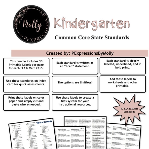 Common Core State Standard: Kindergarten ELA and MATH Printable Labels