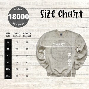 K&ouml;nnte beinhalten: Gr&ouml;&szlig;entabelle f&uuml;r ein Unisex-Sweatshirt von Gildan 18000. Die Tabelle zeigt die Gr&ouml;&szlig;en S bis 3XL mit den entsprechenden Brust- und L&auml;ngenma&szlig;en in Zoll.