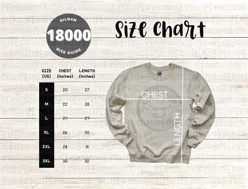K&ouml;nnte beinhalten: Gr&ouml;&szlig;entabelle f&uuml;r ein Unisex-Sweatshirt von Gildan 18000. Die Tabelle zeigt die Gr&ouml;&szlig;en S bis 3XL mit den entsprechenden Brust- und L&auml;ngenma&szlig;en in Zoll.