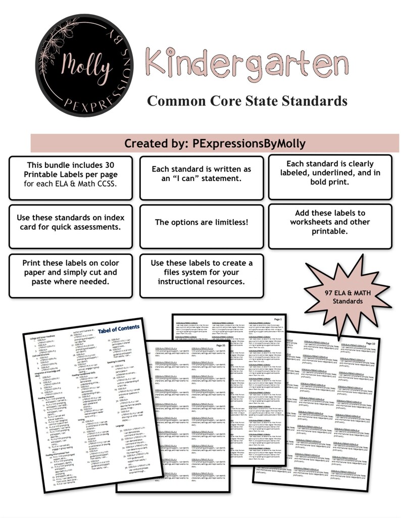Common Core State Standard: Kindergarten ELA and MATH Printable Labels ...