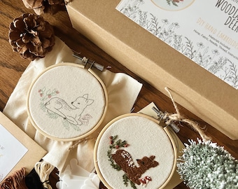 Woodland Christmas Embroidery Kit – Deer – Beginner Hand Embroidery with Tutorial – Holiday DIY Craft Gift