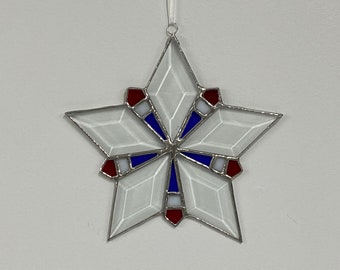 Stained Glass, Beveled Snowflake with Red, White and Blue.  Patriotic Snowflake