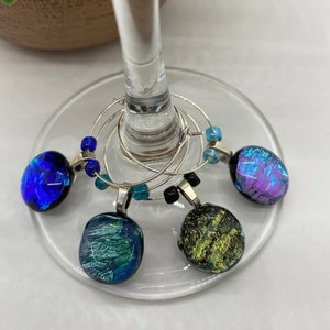 Dichroic Glass, Beaded Wine Glass Charms, Multi-Color, Unique