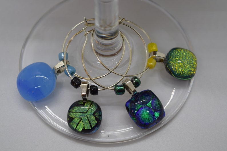 Unique Multi-Color Beaded Wine Glass Charms Dichroic Glass