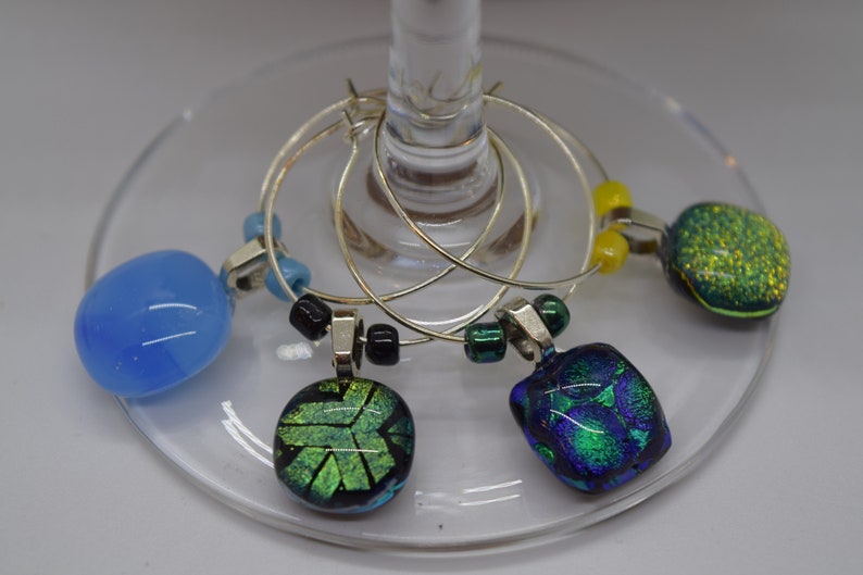 Unique Multi-Color Beaded Wine Glass Charms Dichroic Glass