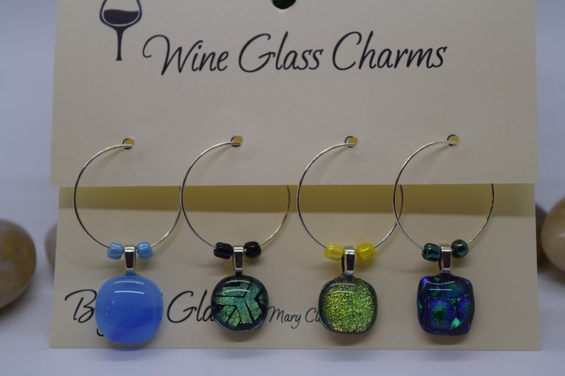Unique Multi-Color Beaded Wine Glass Charms Dichroic Glass