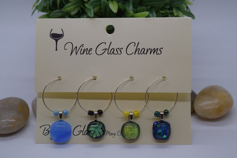 Unique Multi-Color Beaded Wine Glass Charms Dichroic Glass