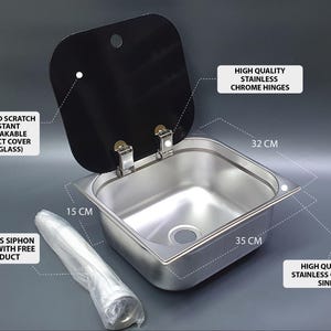 May include: A stainless steel sink with a black, heat-resistant, unbreakable cover. The sink measures 35 cm x 32 cm x 15 cm and features high-quality chrome hinges. A bellows siphon is included.