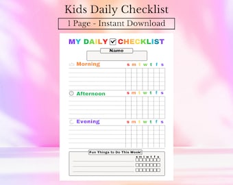 tabla de tareas para niños, tabla de tareas para niños, lista de verificación diaria para niños, planificador imprimible, lista de tareas diarias, descarga digital, lista escolar diaria para niños