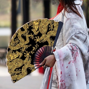 Daechwita Spun Silk Fan Double sided Print Golden Dragon King Hanja KPop Merch Army Gift Idea Custom Traditional Hand held Wood Folding Fan