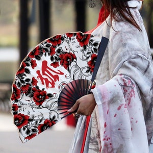 Kitsune Fox Gesponnen Zijde Waaier Witte Negenstaartvos Kami Inari Guardian dubbelzijdig afdrukken cadeau-idee traditionele draagbare houten vouwventilator