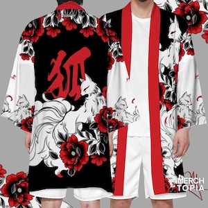 Kitsune Fox Black Kimono Nine Tailed Fox Mask Spirit Japan Kami Inari Guardian Rice Japanese Traditional Clothing Merch Unisex AOP Haori