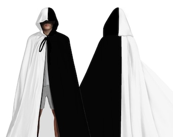 Two Tone Split Cloak Perfect for Halloween Half Black Half White Unisex Hooded Cloak for Adults Full-Length Cosplay Party Polyester Material