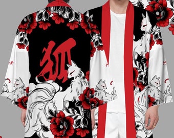 Kitsune Fox Kimono Preto Máscara de Raposa de Nove Caudas Espírito Japão Kami Inari Guardião Arroz Roupa Tradicional Japonesa Produtos Unissex AOP Haori