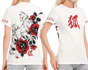 Kitsune Fox T-Shirt Nine Tailed Fox Mask Spirit Japan Kami Inari Guardian Japanese Style Asian Style Women's Round Neck Cotton Shirt