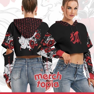 Kitsune Fox Hoodie Nine Tailed Fox Mask Spirit Japan Kami Inari Guardian AOP Women's Heavy Fleece Hooded Sweatshirt Hollow Sleeves POLYESTER Kitsune Fox, Nine Tailed Fox, Inari Guardian, Kitsune Spirit, Trendy Kitsune Apparel, Kitsune Fox Spirit