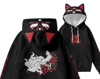 Kitsune Fox Hoodie 3D Ears Nine Tailed Fox Mask Spirit Japan Kitsune Fox Hoodie 3D Ears Nine Tailed Fox Mask Spirit Japan