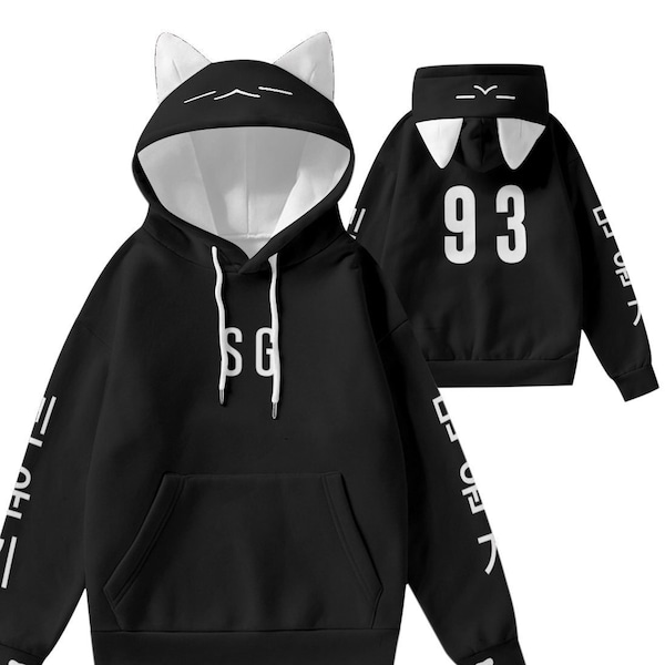 SG Cat Ears Hoodie Army Gift Idea Kpop Merch Lil Meow Meow Black and White Hoodie AOP Hooded Sweatshirt With Decorative Cat Ears Hoodie