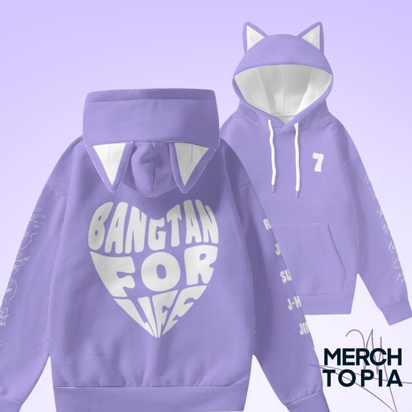 7 for life Purple Hoodie with Cat Ears Typography Borahae Army Gift Idea Kpop Merch All Over Print Hooded Sweatshirt With Decorative Ears