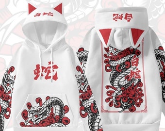 White Snake Hoodie 3D Ears Red Chrysanthemum Japan Red Black Japanese Style Illustration Hebi AOP Hooded Sweatshirt With Decorative Ears