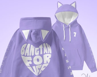 7 for life Purple Hoodie with Cat Ears Typography Borahae Army Gift Idea Kpop Merch All Over Print Hooded Sweatshirt With Decorative Ears