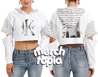 JK Seven Cropped Hoodie Golden Maknae Army KPop Gift Idea White All-Over Print Women's Heavy Fleece Hooded Sweatshirt With Hollow Out Sleeve