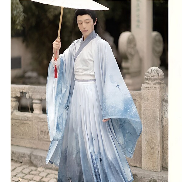 Jin Dynasty Phoenix Hanfu Men’s Robe Polyester Fabric Chinese Traditinal Clothing Hanfu Robe Blue Elegant Chinese Traditional Costume