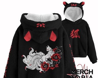 キツネフォックス 子供用 パーカー 耳付き ブラック フリース パーカー 動物の耳 ギフトアイデア 全面プリント キッズ ボルグ フリース フード付き スウェットシャツ 耳付き