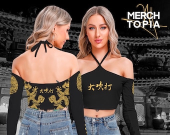 Daechwita King Inspired Korean Joseon Dynasty King Golden Dragon Robe Pattern Army Gift Idea Kpop Merch AOP Women's Halter Lace-up Top