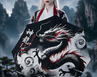 Dragon Folding Umbrella, Chinese Dragon Umbrella, Asian Art Rain Umbrella, Black White Red Dragon, Travel Umbrella | Single Sided Print