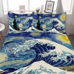 Starry Night & The Great Wave di Van Gogh e Hokusai Famoso dipinto 3PCS Queen Bedding Set Duvet Cover Gift Idea Federe + Quilt Cover