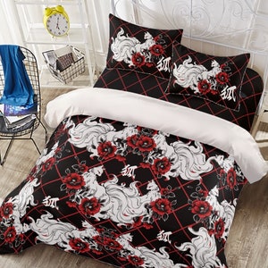 Kitsune Fox 4pcs Bedding Set Black Red Grid Nine Tailed Fox Mask Spirit Japan Kami Inari Guardian Four-piece Duvet Cover Sheet Pillow Covers