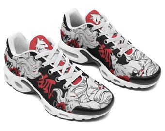 Black Kitsune Running Shoes Air Cushion Sports Shoes Made of Mesh Material  Nine Tailed Fox Mask Spirit Japan Kami Inari Guardian