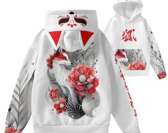 Kitsune Fox Hoodie 3D Ears Nine Tailed Fox Mask Spirit Japan Kami Inari Guardian Japanese Style AOP Hooded Sweatshirt With Decorative Ears