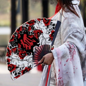 Kitsune Spun Silk Fan Black Nine Tailed Fox Kami Inari Guardian Double sided Print Gift Idea Traditional Hand held Wood Folding Fan