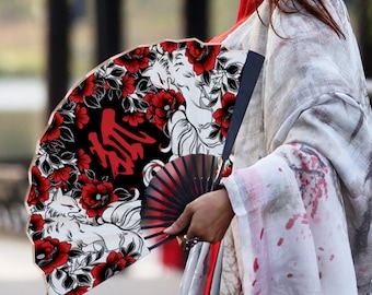 Leque de seda fiada Kitsune, raposa preta de nove caudas, Kami Inari Guardian, impressão dupla face, ideia de presente, leque dobrável de madeira tradicional de mão