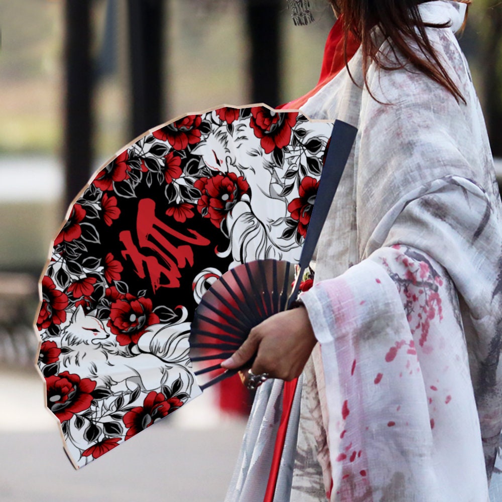 ファッション Kitsune Kami Lis Dziewięcioogonowy Czarny Fan Silk Spun Clothing