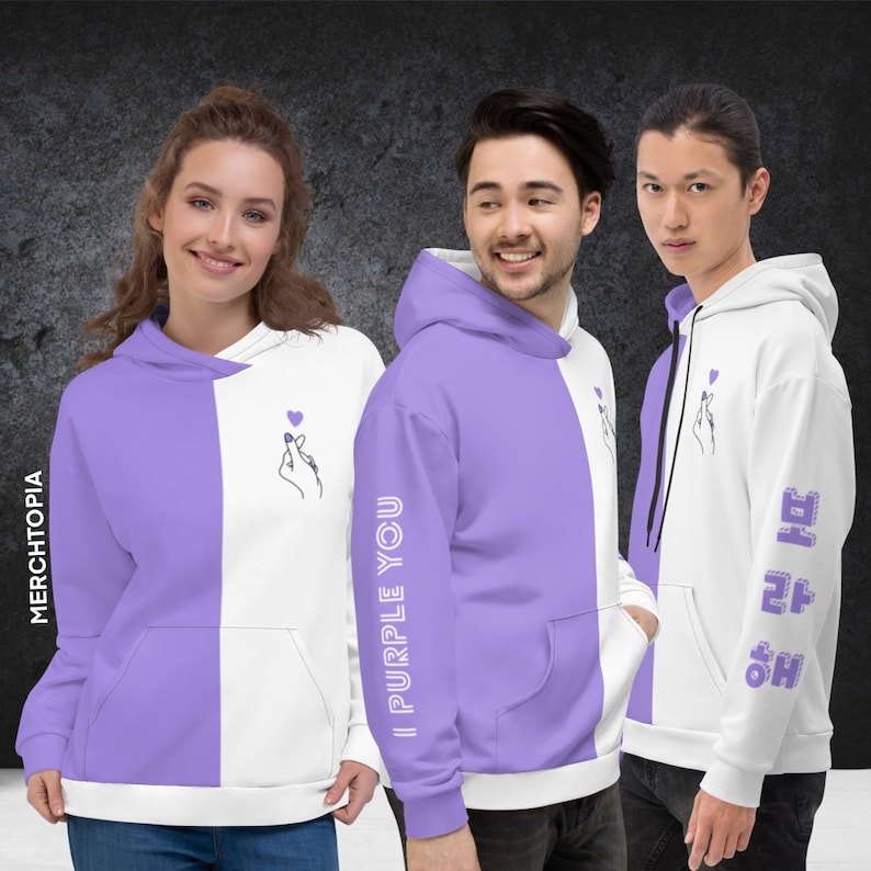 I Purple You Hoodie 보라해 Borahae Gift Idea Army Kpop Merch Half White Half Purple All Over Print Hooded Sweatshirt (FANMADE Merch)