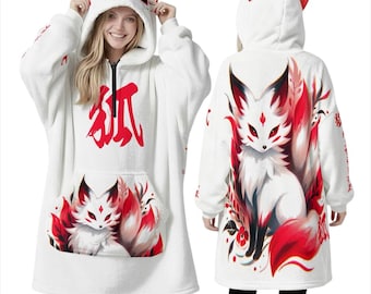 Kitsune Oversized Hoodie Fleece Blanket with Cat Ears, Nine-Tailed Fox Kitsune Mask Spirit Kami Inari Japanese Style Japan Hooded Sweatshirt