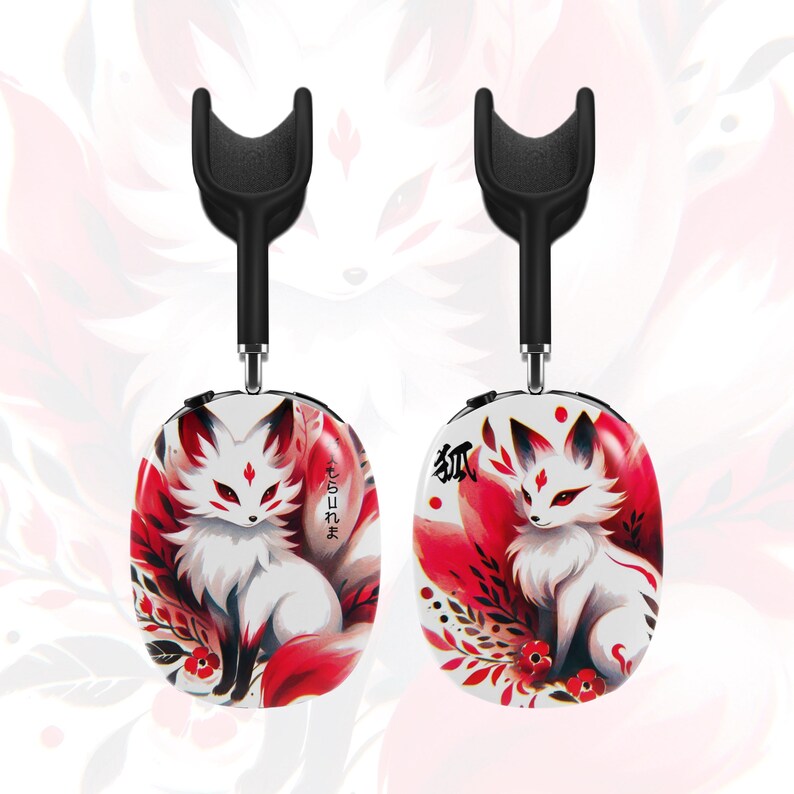 Kitsune-themed AirPods case featuring nine-tailed fox, Japanese folklore-inspired design, elegant red, white, and black colors, durable polycarbonate, wireless charging compatible, scratch-resistant, fox mask artwork, perfect gift for Japan lovers