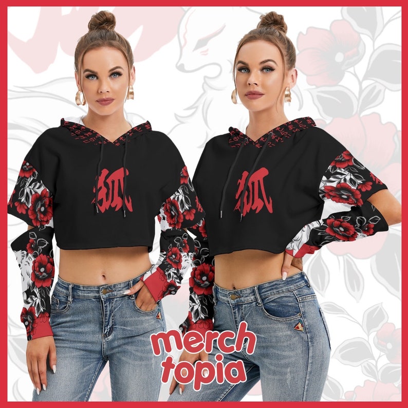 Kitsune Fox Hoodie Nine Tailed Fox Mask Spirit Japan Kami Inari Guardian AOP Women's Heavy Fleece Hooded Sweatshirt Hollow Sleeves POLYESTER Kitsune Fox, Nine Tailed Fox, Inari Guardian, Kitsune Spirit, Trendy Kitsune Apparel, Kitsune Fox Spirit