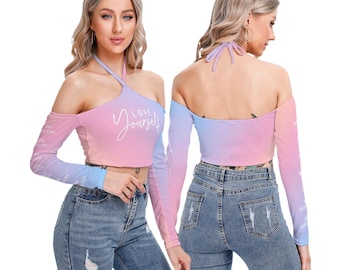Love Yourself Crop Top Pastel Gradient Signatures KPop Merch Army Gift Idea All Over Print Halter Lace-up Top Concert Outfit Korean Style