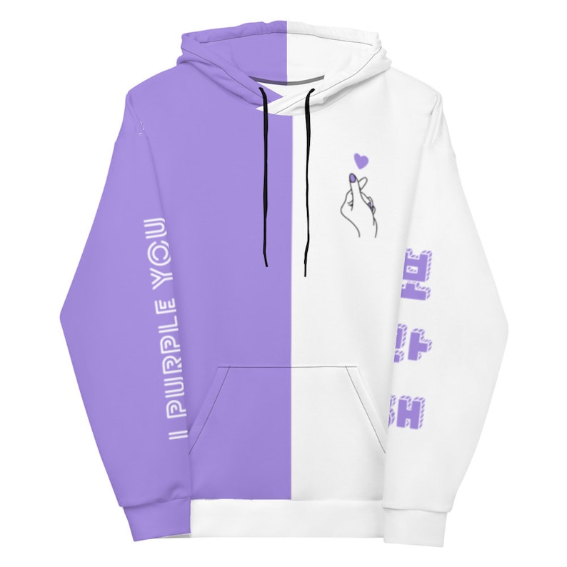I Purple You Hoodie 보라해 Borahae Gift Idea Army Kpop Merch Half White Half Purple All Over Print Hooded Sweatshirt (FANMADE Merch)