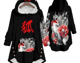 Kitsune All-Over Print Women’s Flannel Hoodie with Cat Ears, Nine-Tailed Fox Kitsune Mask Spirit Kami Inari Japanese Style Japan Apparel